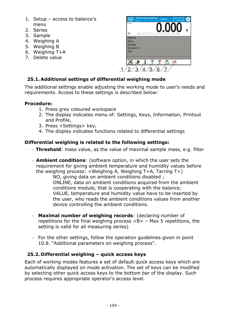 Additional settings of differential weighing mode, Differential weighing – quick access keys | RADWAG MYA 5.3Y.F1 Microbalance User Manual | Page 104 / 198