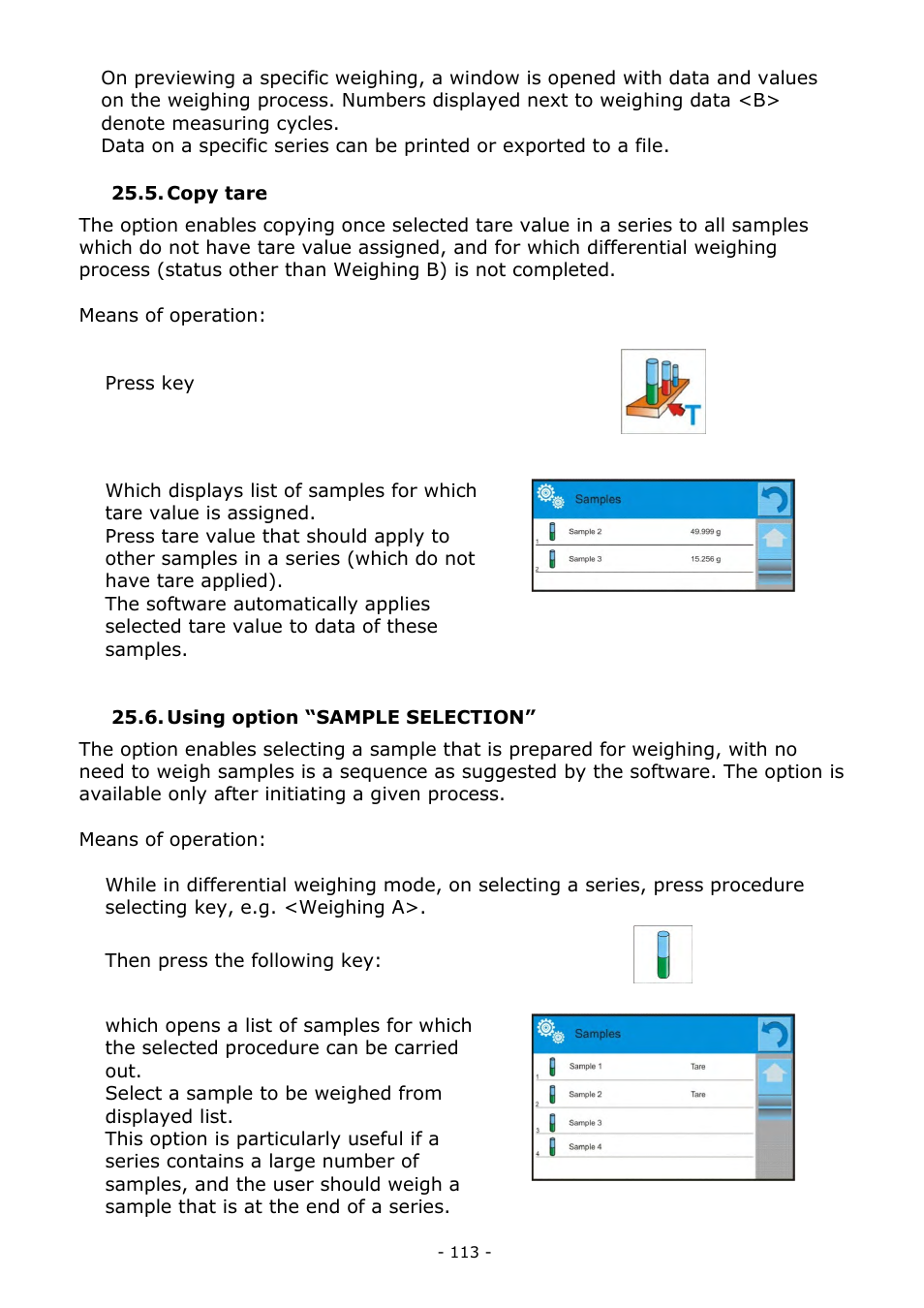 Copy tare, Using option “sample selection, Copy tare 25.6. using option “sample selection | RADWAG MYA 5.3Y.F1 Microbalance User Manual | Page 113 / 198