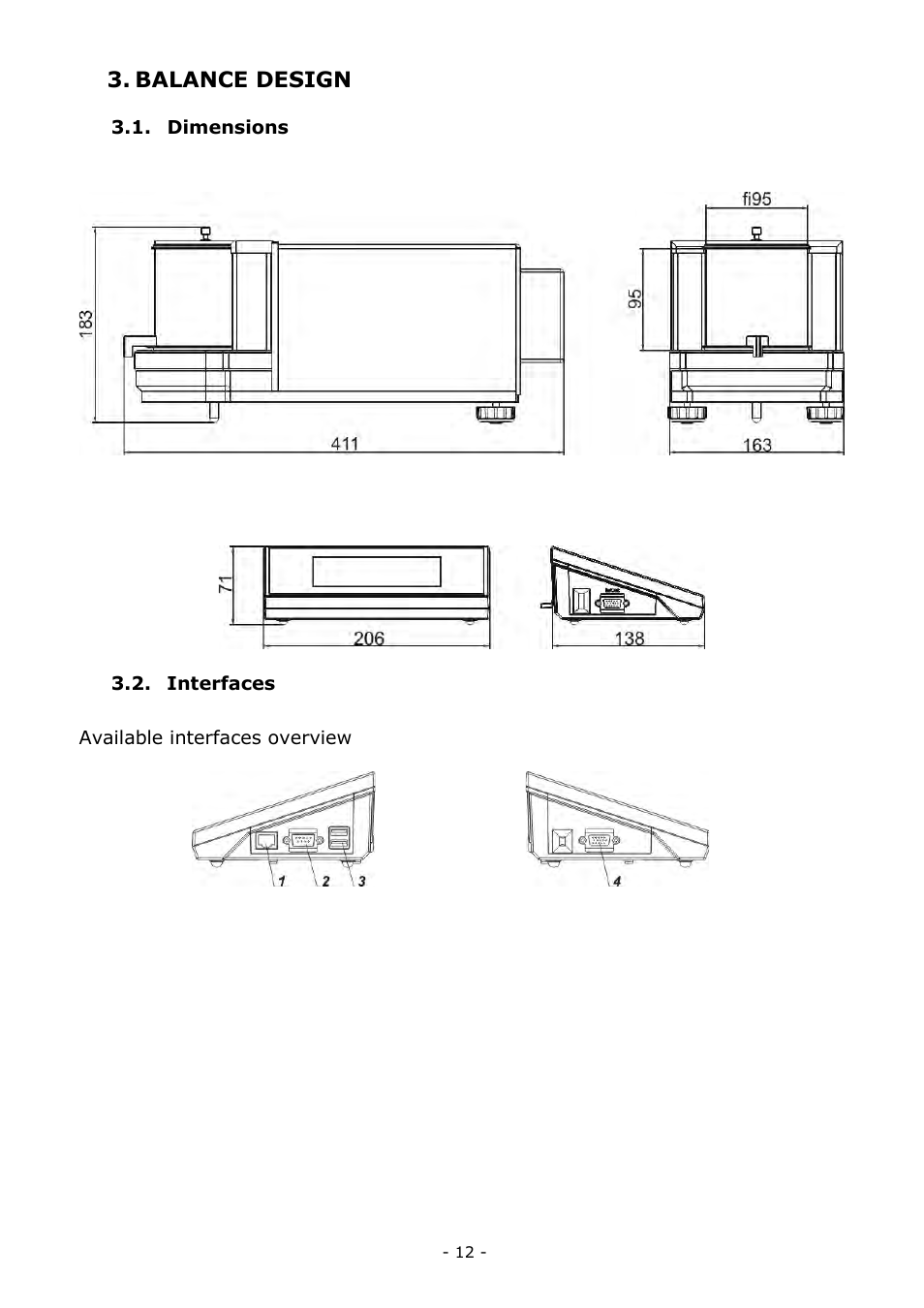 Balance design, Dimensions, Interfaces | Dimensions 3.2. interfaces | RADWAG MYA 5.3Y.F1 Microbalance User Manual | Page 12 / 198