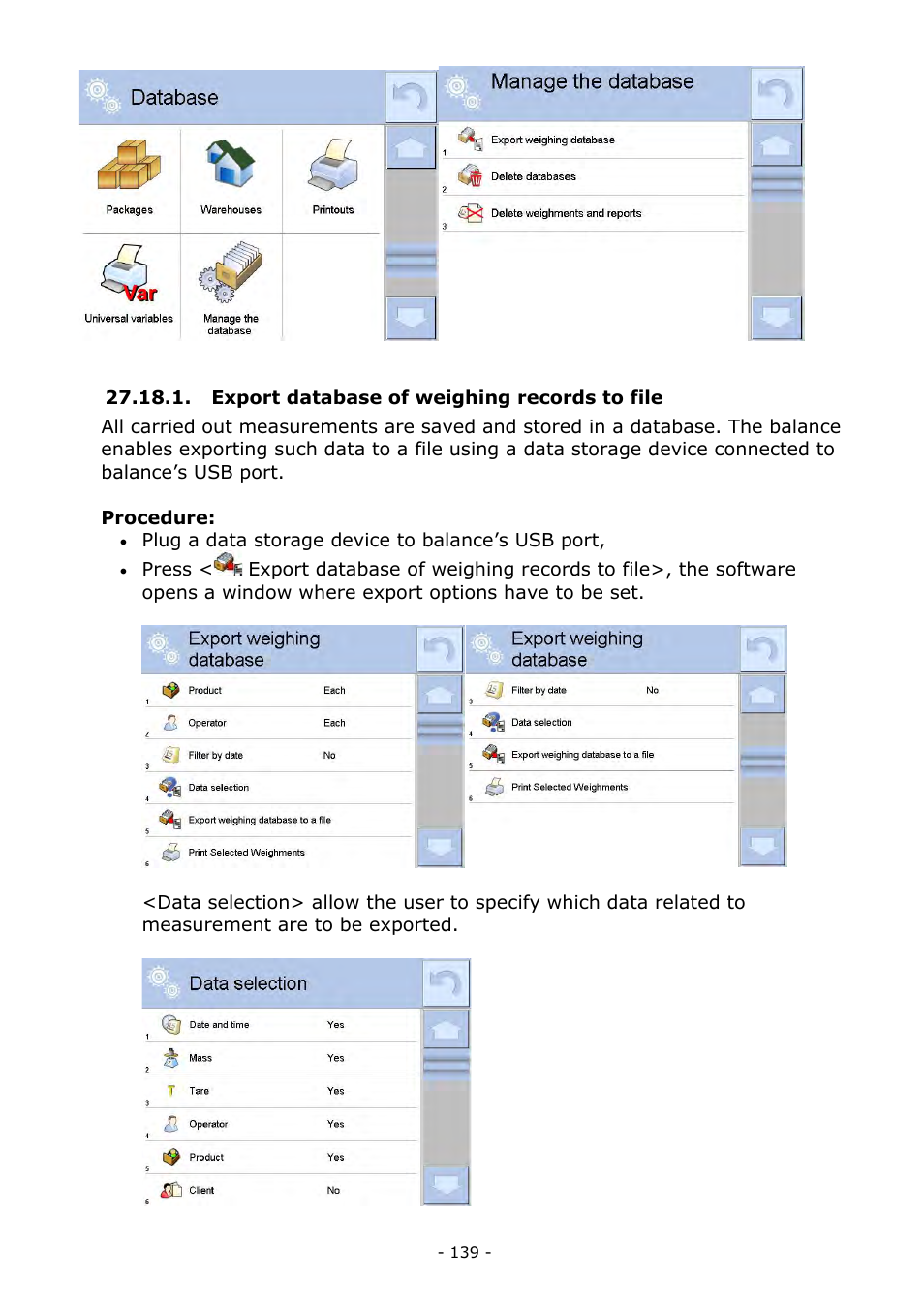 Export database of weighing records to file | RADWAG MYA 5.3Y.F1 Microbalance User Manual | Page 139 / 198