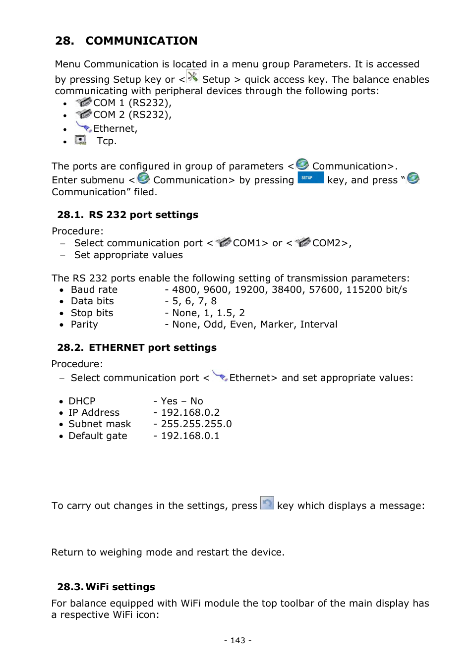 Communication, Rs 232 port settings, Ethernet port settings | Wifi settings | RADWAG MYA 5.3Y.F1 Microbalance User Manual | Page 143 / 198