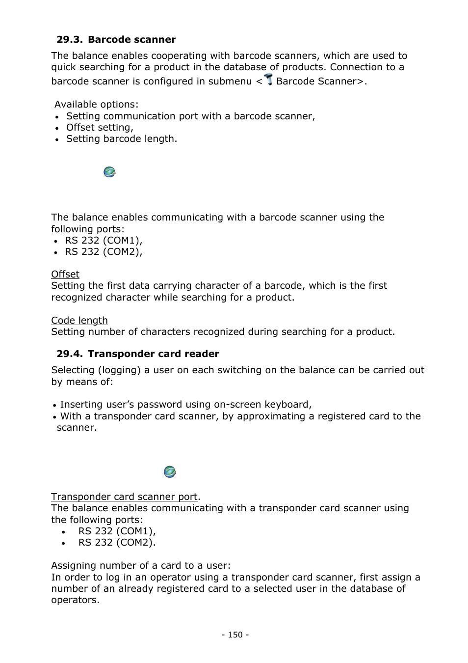 Barcode scanner, Transponder card reader, Barcode scanner 29.4. transponder card reader | RADWAG MYA 5.3Y.F1 Microbalance User Manual | Page 150 / 198