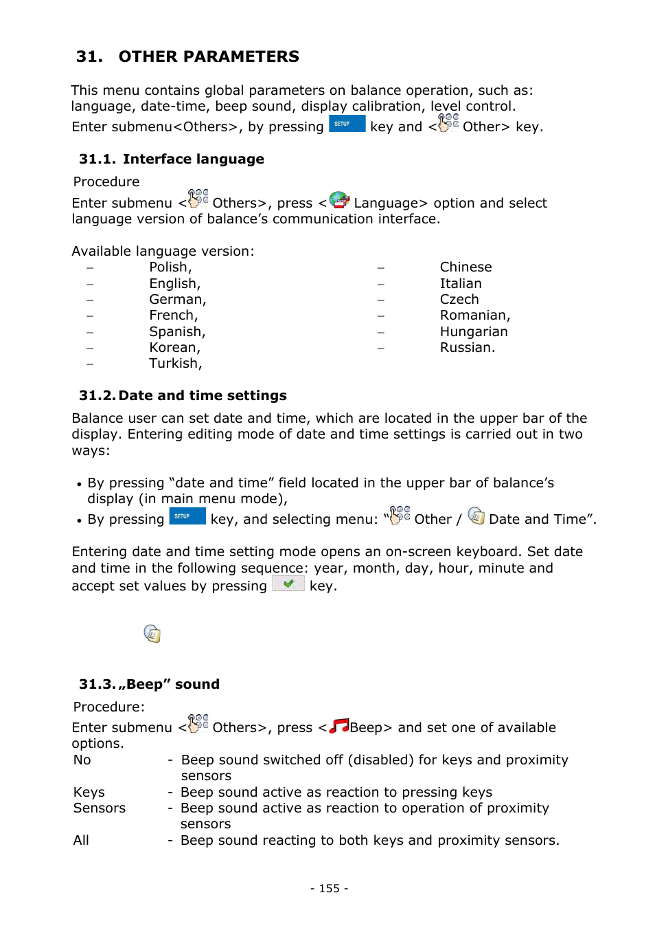 Other parameters, Interface language, Date and time settings | „beep” sound | RADWAG MYA 5.3Y.F1 Microbalance User Manual | Page 155 / 198