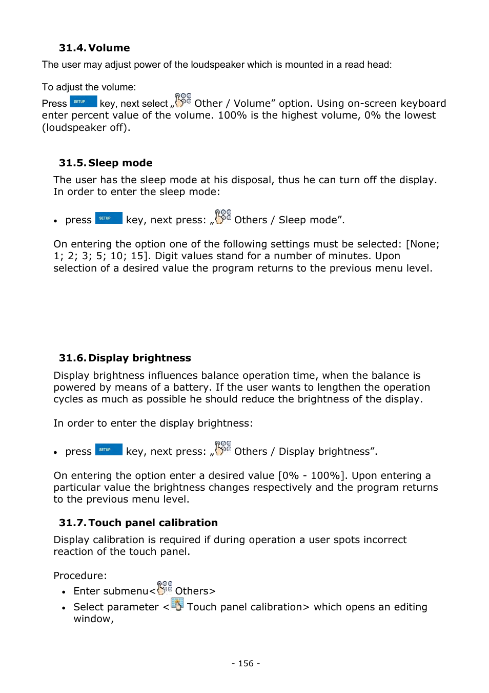 Volume, Sleep mode, Display brightness | Touch panel calibration | RADWAG MYA 5.3Y.F1 Microbalance User Manual | Page 156 / 198