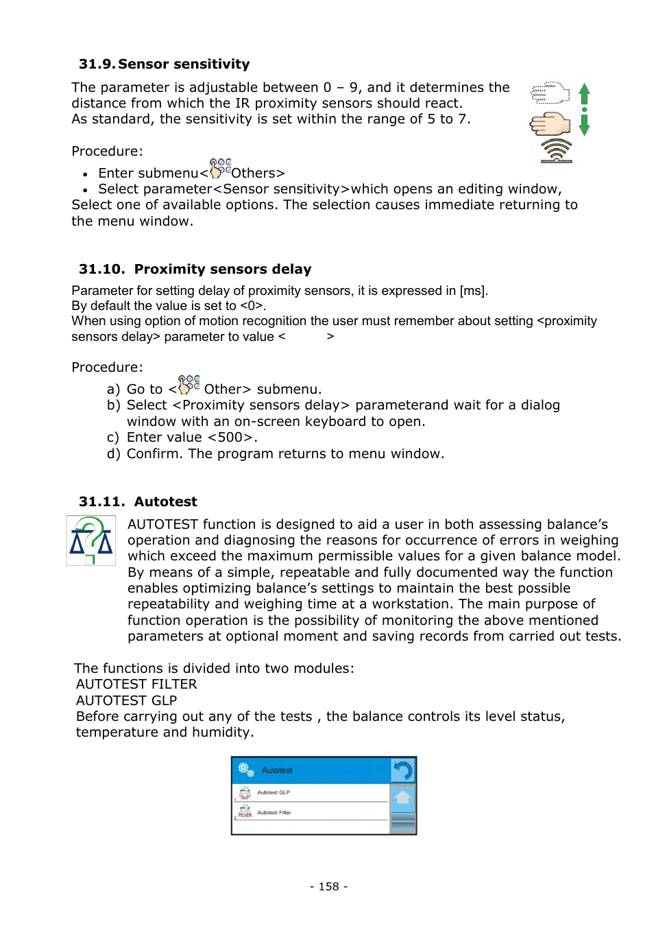 Sensor sensitivity, Proximity sensors delay, Autotest | RADWAG MYA 5.3Y.F1 Microbalance User Manual | Page 158 / 198