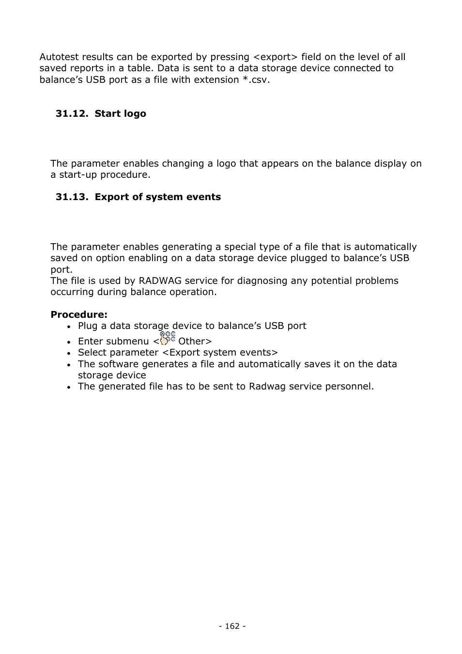 Start logo, Export of system events, Start logo 31.13. export of system events | RADWAG MYA 5.3Y.F1 Microbalance User Manual | Page 162 / 198