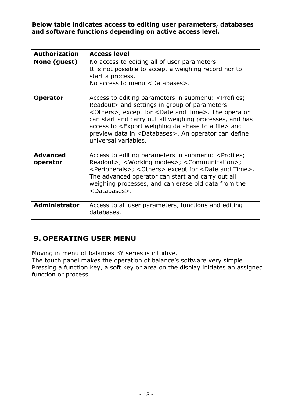 Operating user menu | RADWAG MYA 5.3Y.F1 Microbalance User Manual | Page 18 / 198