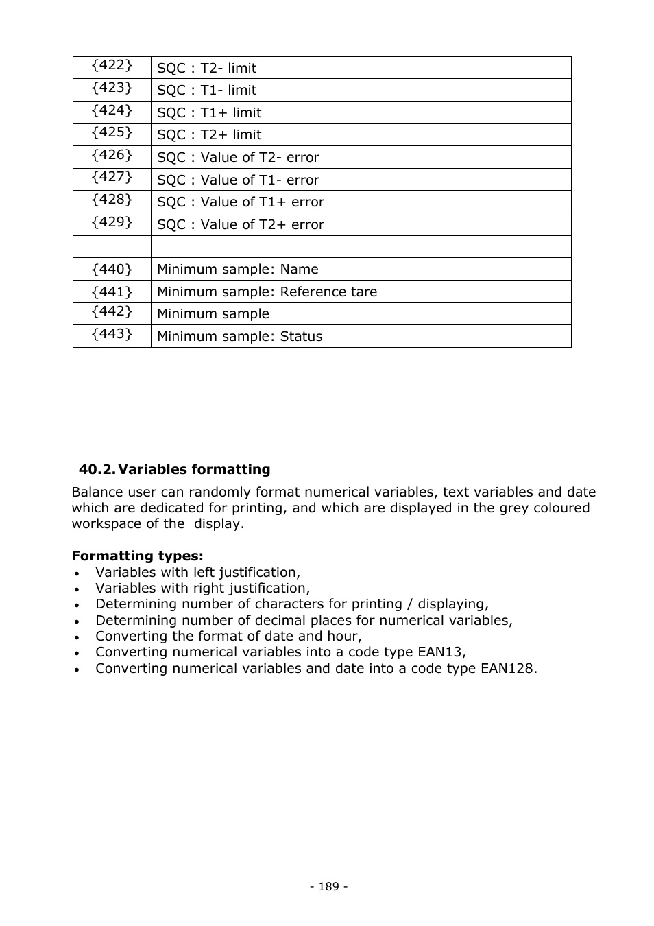 Variables formatting | RADWAG MYA 5.3Y.F1 Microbalance User Manual | Page 189 / 198