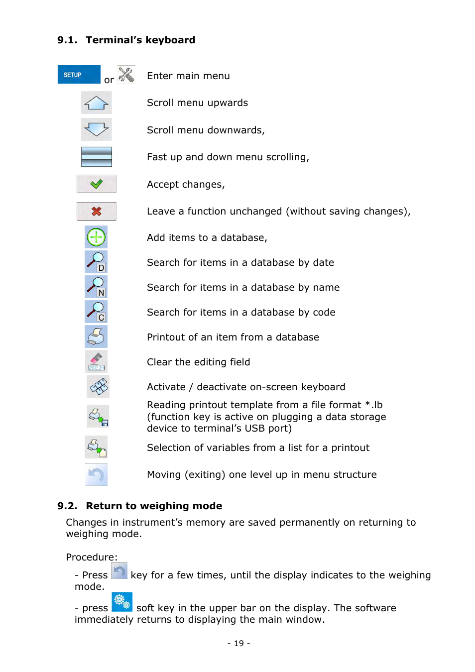 Terminal’s keyboard, Return to weighing mode, Terminal’s keyboard 9.2. return to weighing mode | RADWAG MYA 5.3Y.F1 Microbalance User Manual | Page 19 / 198