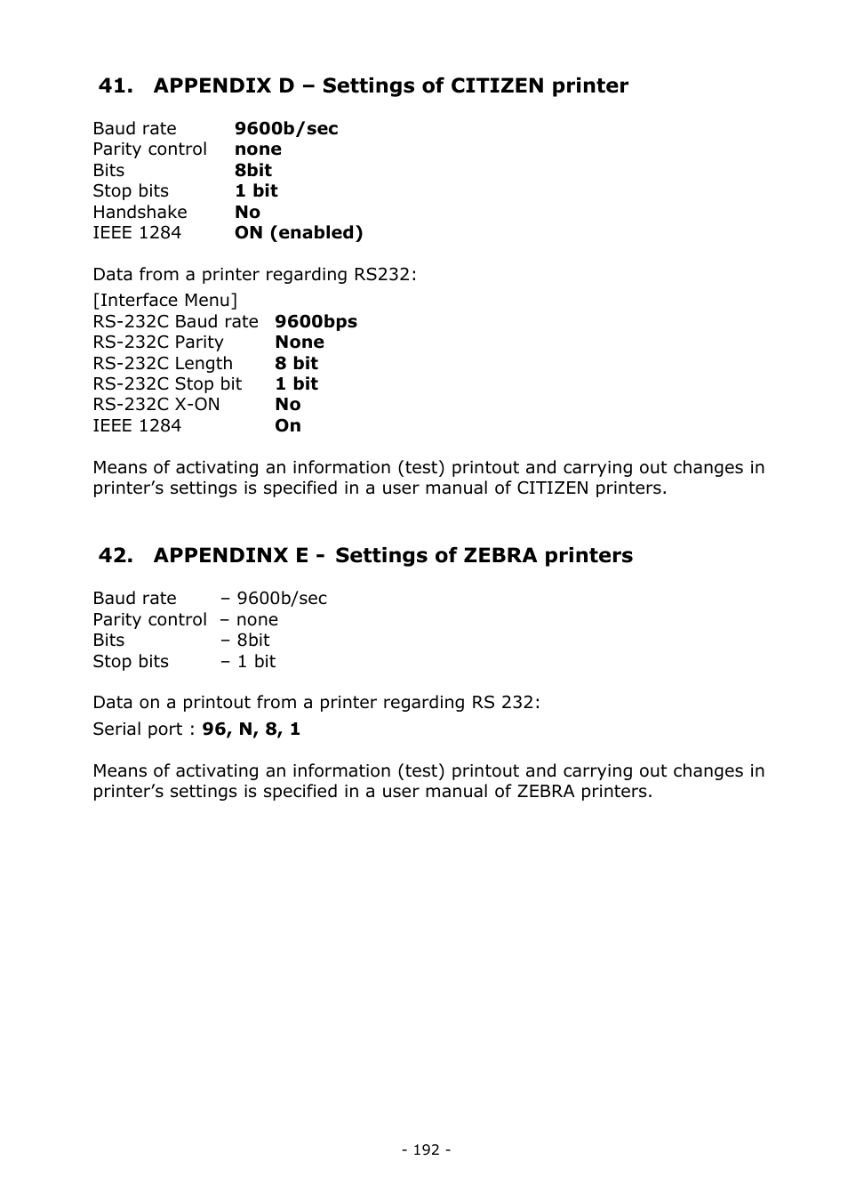 Appendix d – settings of citizen printer, Appendinx e - settings of zebra printers | RADWAG MYA 5.3Y.F1 Microbalance User Manual | Page 192 / 198