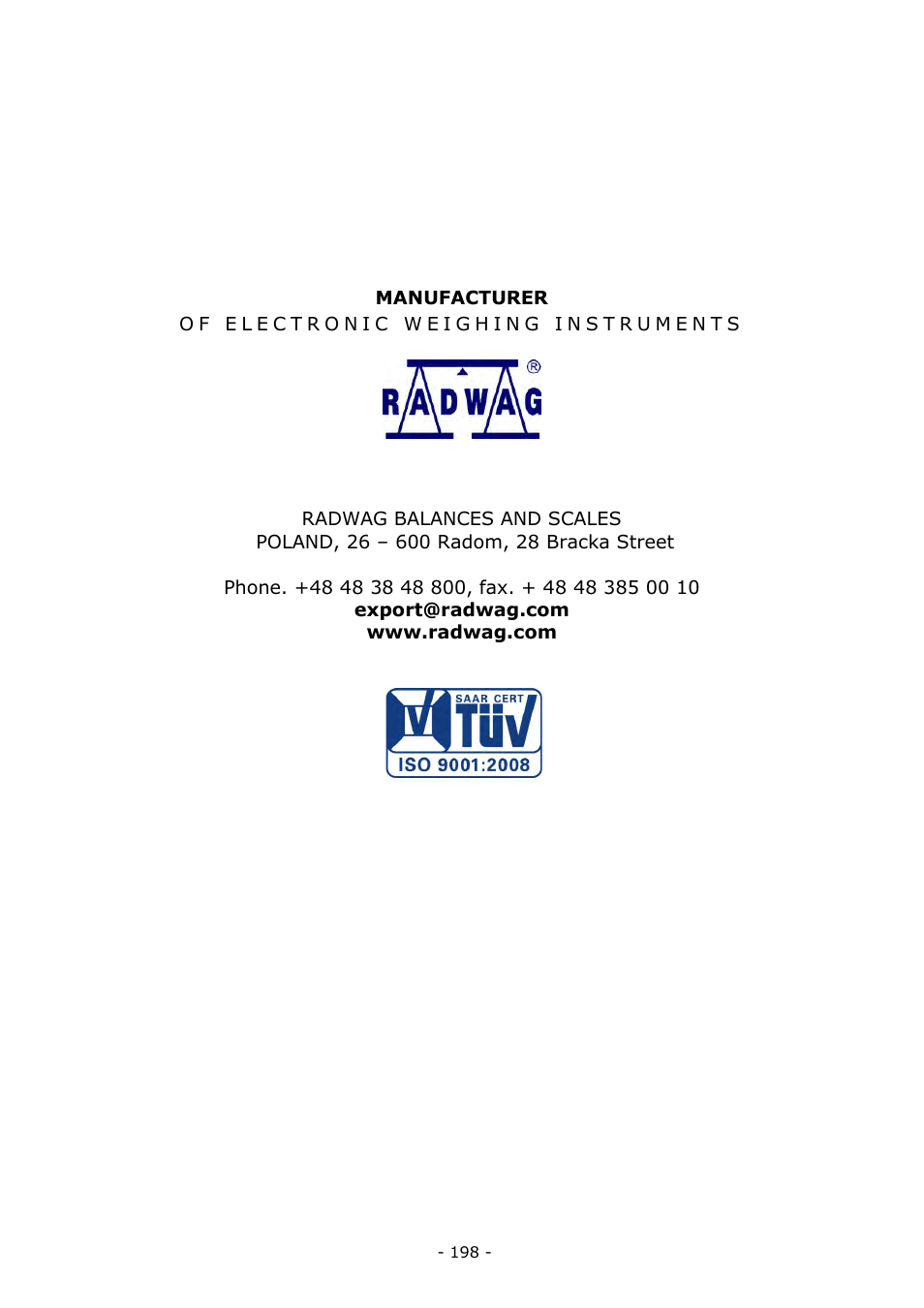 RADWAG MYA 5.3Y.F1 Microbalance User Manual | Page 198 / 198
