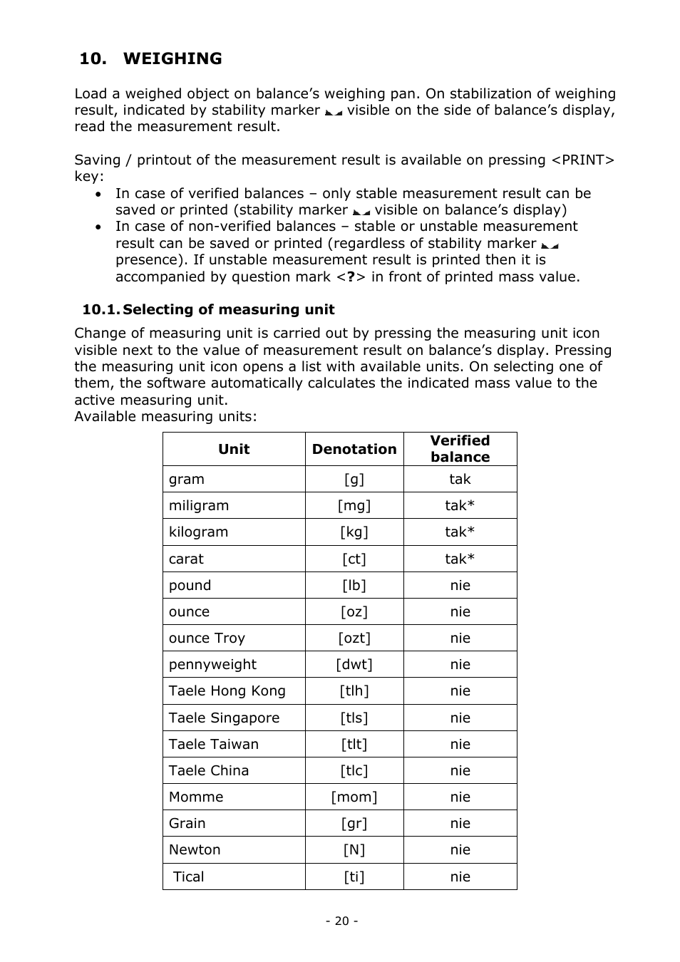 Weighing, Selecting of measuring unit | RADWAG MYA 5.3Y.F1 Microbalance User Manual | Page 20 / 198