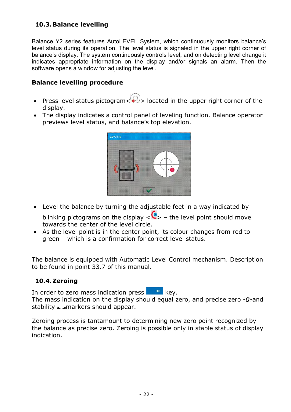 Balance levelling, Zeroing, Balance levelling 10.4. zeroing | RADWAG MYA 5.3Y.F1 Microbalance User Manual | Page 22 / 198