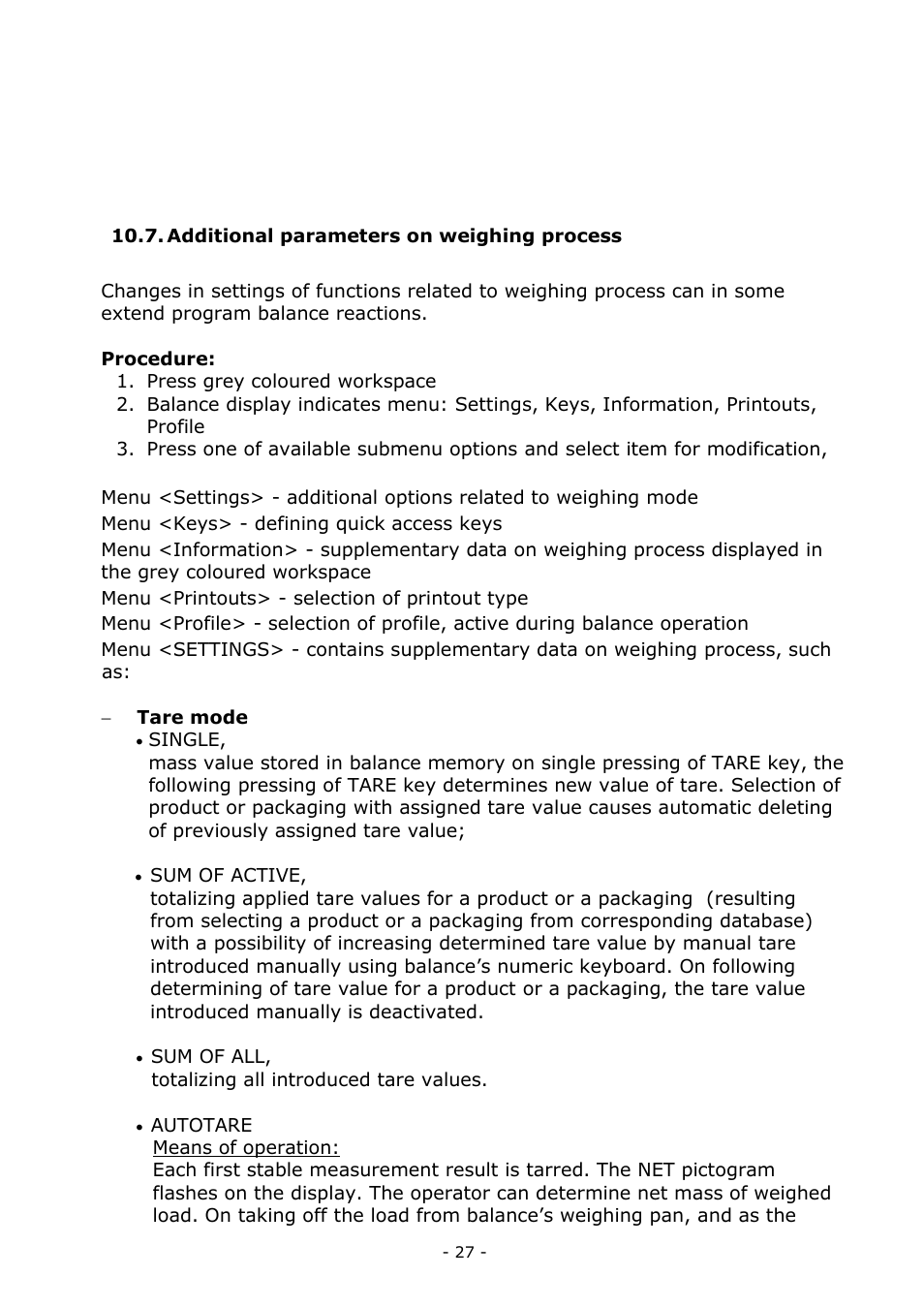 Additional parameters on weighing process | RADWAG MYA 5.3Y.F1 Microbalance User Manual | Page 27 / 198