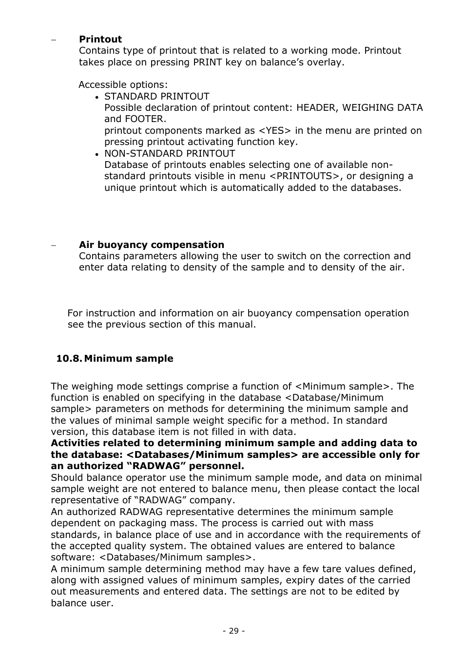 Minimum sample | RADWAG MYA 5.3Y.F1 Microbalance User Manual | Page 29 / 198
