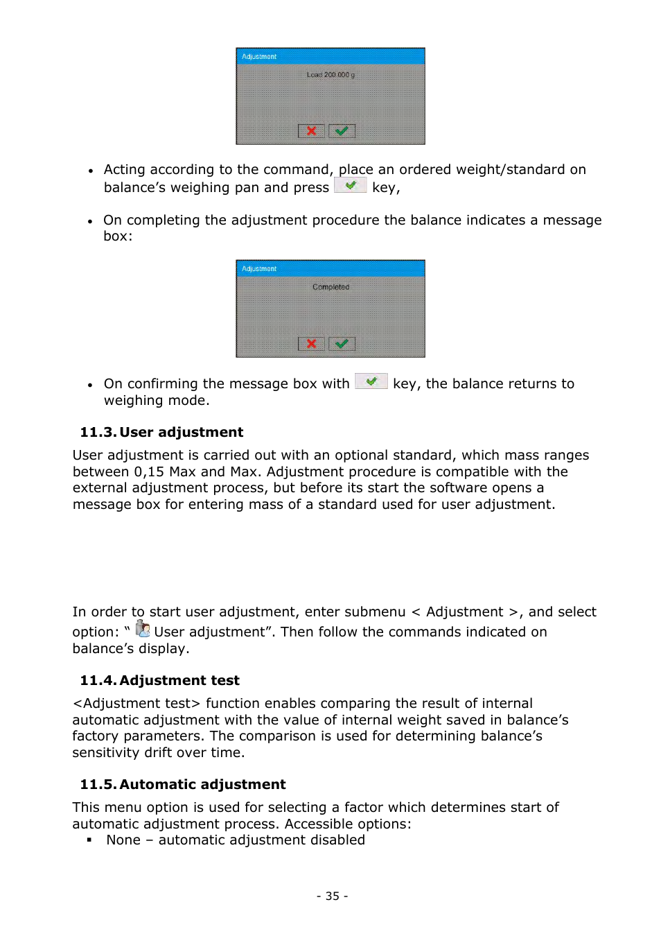 User adjustment, Adjustment test, Automatic adjustment | RADWAG MYA 5.3Y.F1 Microbalance User Manual | Page 35 / 198