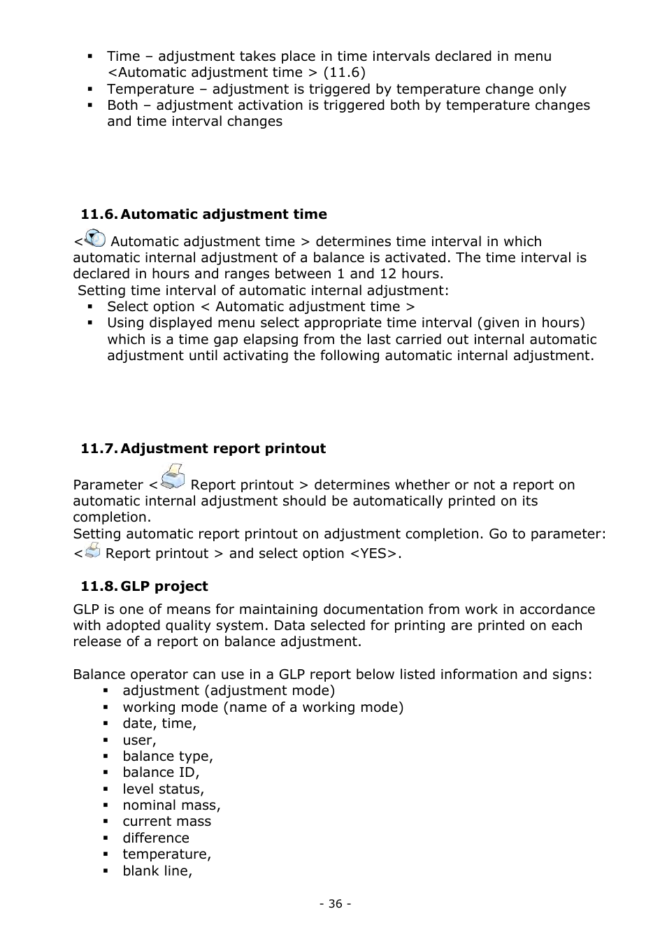 Automatic adjustment time, Adjustment report printout, Glp project | RADWAG MYA 5.3Y.F1 Microbalance User Manual | Page 36 / 198