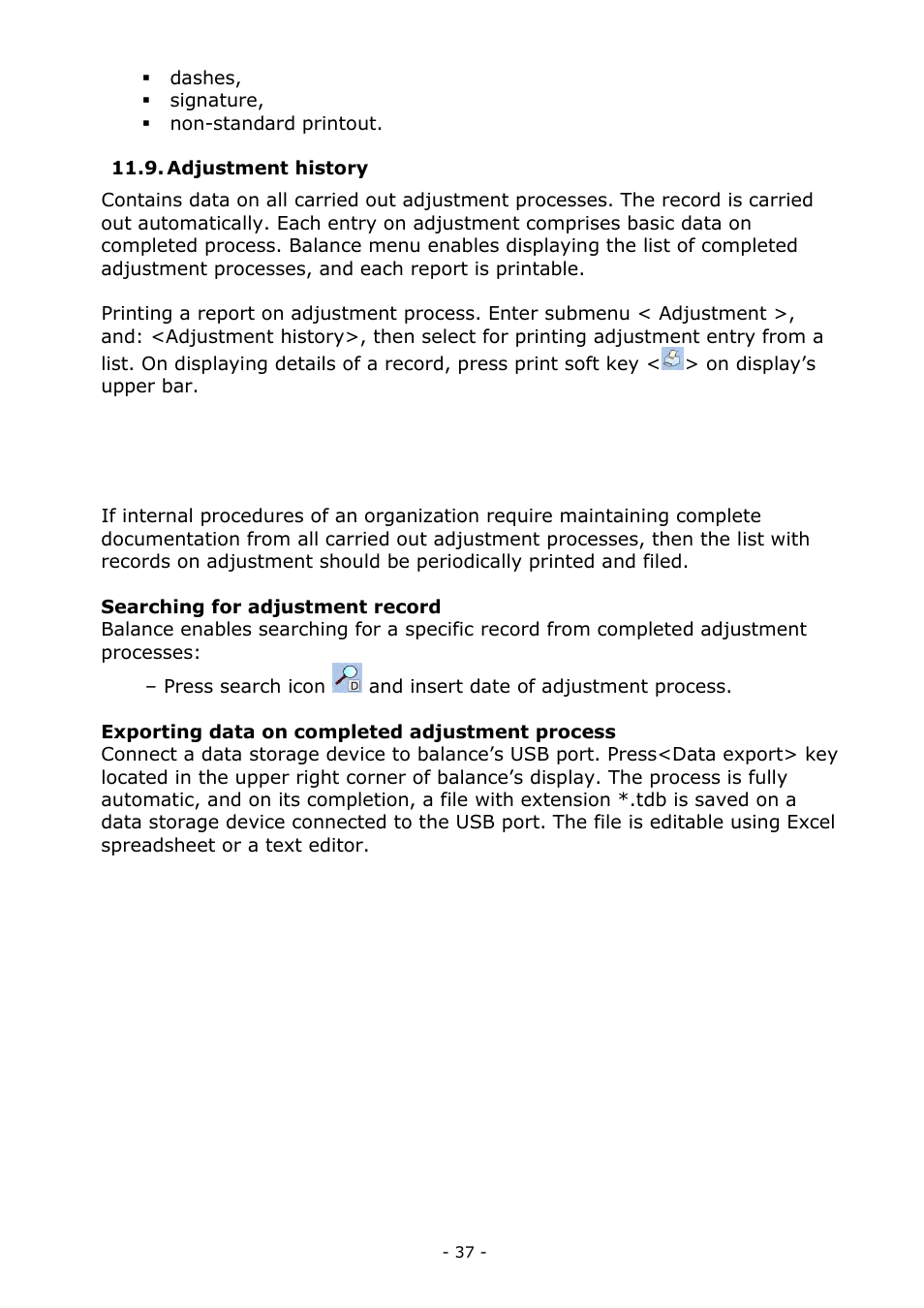 Adjustment history | RADWAG MYA 5.3Y.F1 Microbalance User Manual | Page 37 / 198