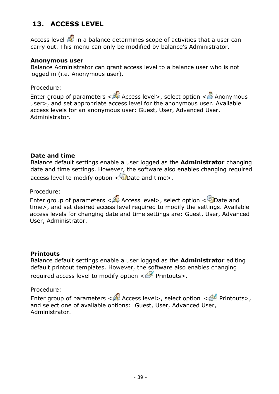 Access level | RADWAG MYA 5.3Y.F1 Microbalance User Manual | Page 39 / 198