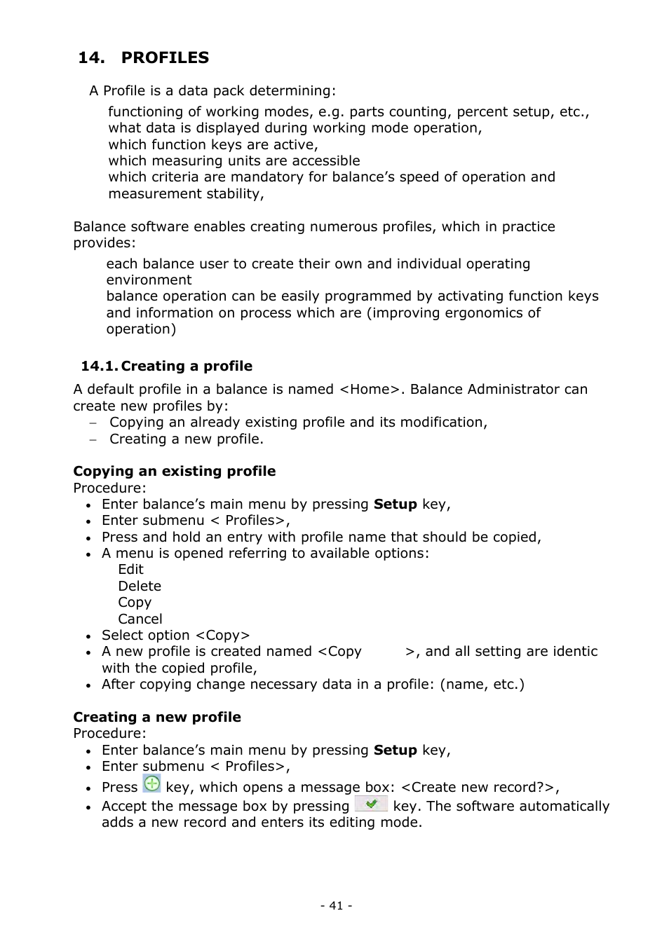Profiles, Creating a profile | RADWAG MYA 5.3Y.F1 Microbalance User Manual | Page 41 / 198