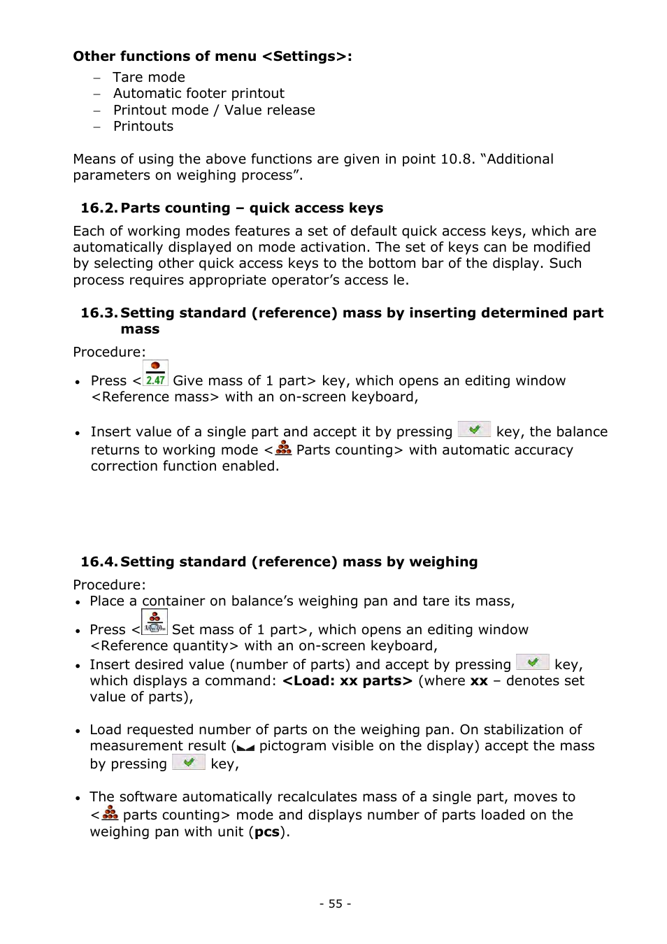 Parts counting – quick access keys, Setting standard (reference) mass by weighing | RADWAG MYA 5.3Y.F1 Microbalance User Manual | Page 55 / 198