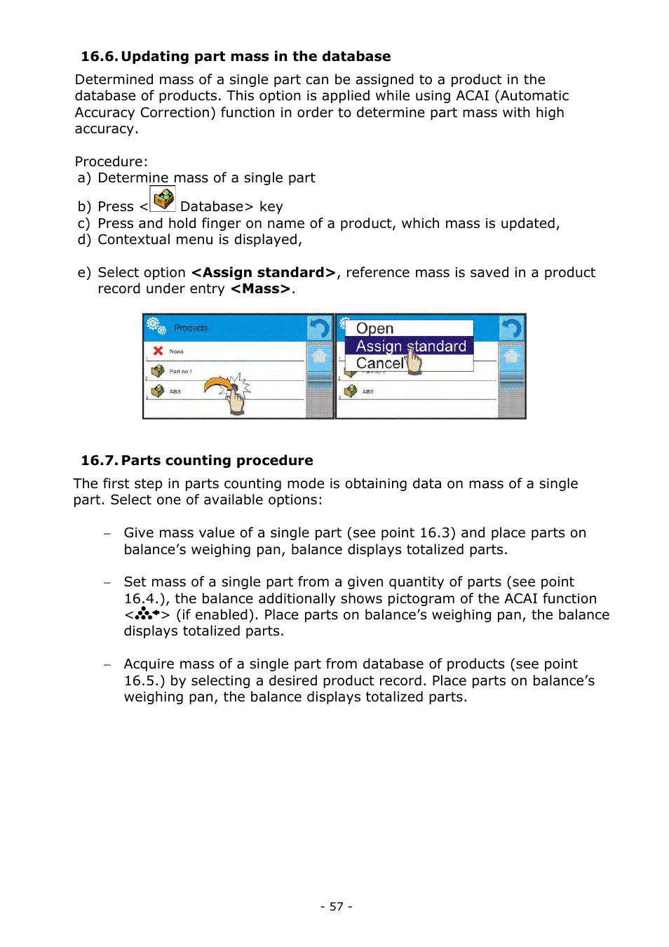 Updating part mass in the database, Parts counting procedure | RADWAG MYA 5.3Y.F1 Microbalance User Manual | Page 57 / 198