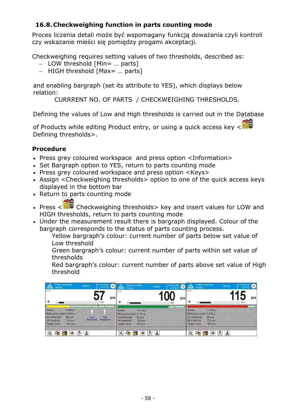 Checkweighing function in parts counting mode | RADWAG MYA 5.3Y.F1 Microbalance User Manual | Page 58 / 198