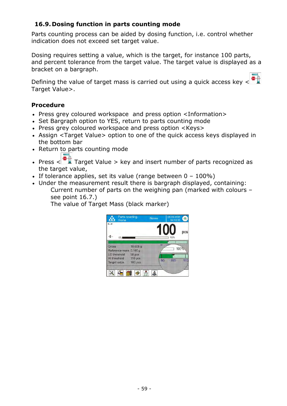Dosing function in parts counting mode | RADWAG MYA 5.3Y.F1 Microbalance User Manual | Page 59 / 198
