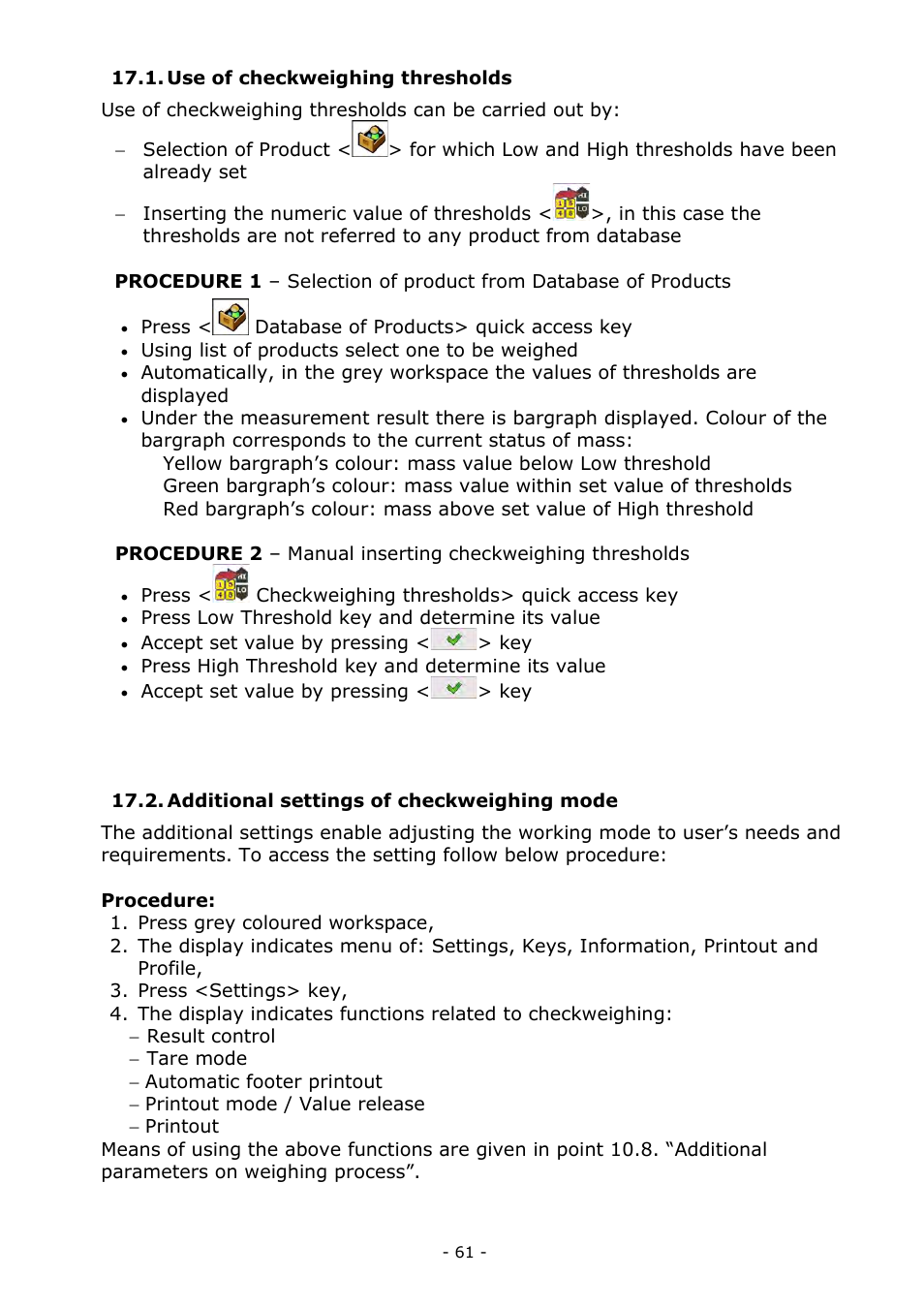 Use of checkweighing thresholds, Additional settings of checkweighing mode | RADWAG MYA 5.3Y.F1 Microbalance User Manual | Page 61 / 198