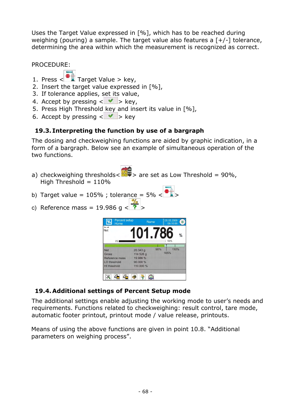 Interpreting the function by use of a bargraph, Additional settings of percent setup mode | RADWAG MYA 5.3Y.F1 Microbalance User Manual | Page 68 / 198