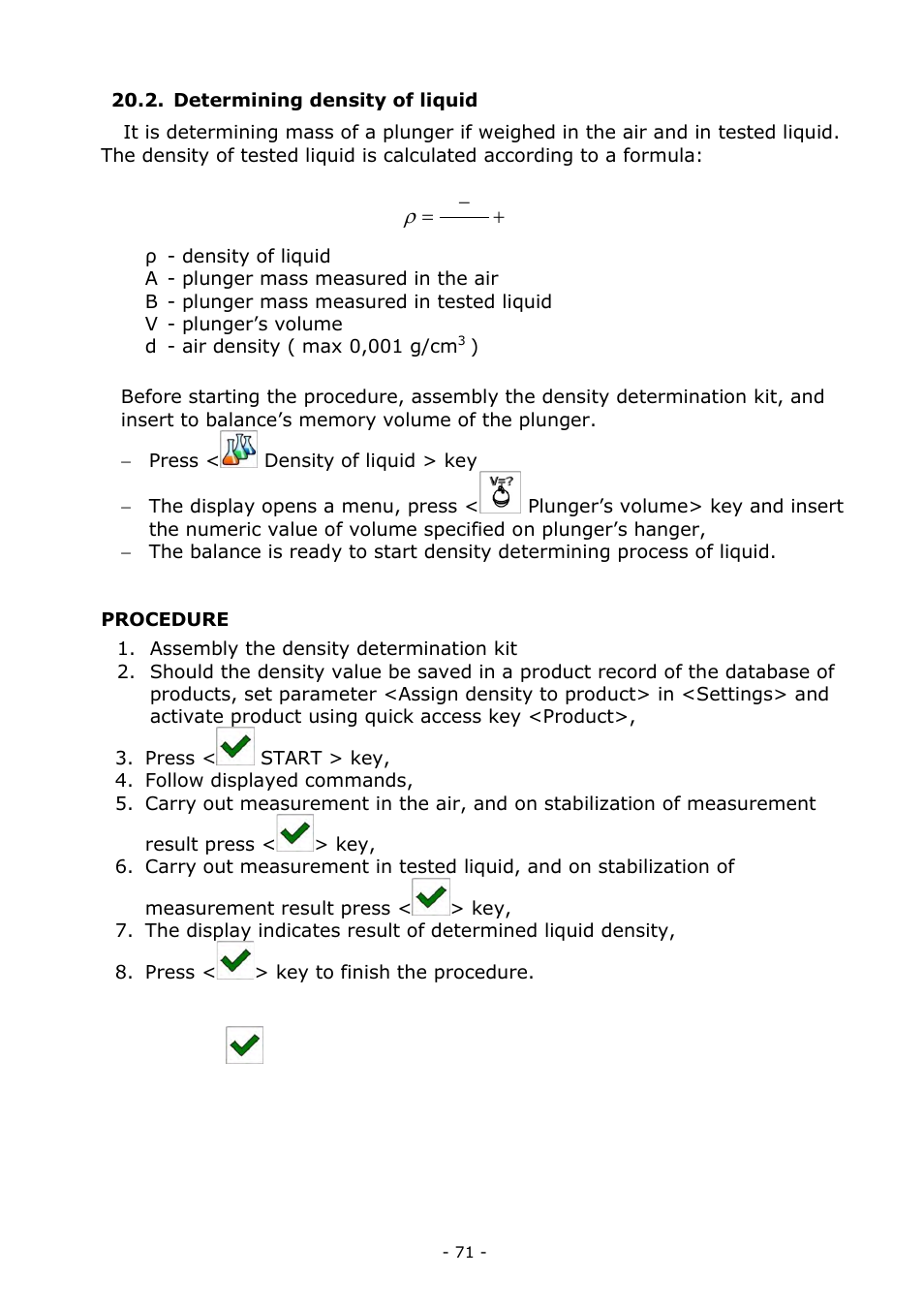 Determining density of liquid | RADWAG MYA 5.3Y.F1 Microbalance User Manual | Page 71 / 198