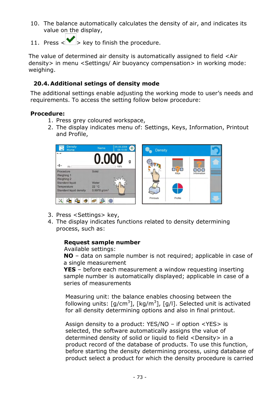 Additional setings of density mode | RADWAG MYA 5.3Y.F1 Microbalance User Manual | Page 73 / 198