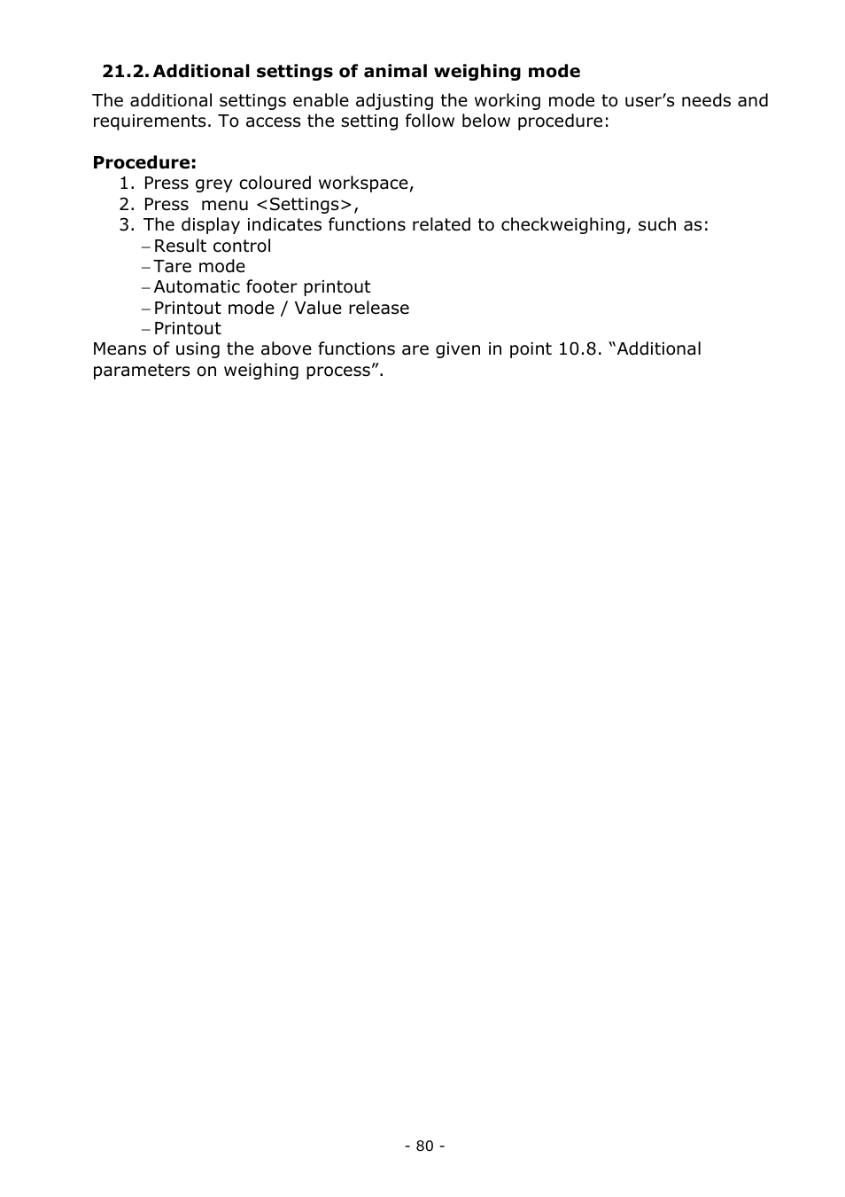 Additional settings of animal weighing mode | RADWAG MYA 5.3Y.F1 Microbalance User Manual | Page 80 / 198