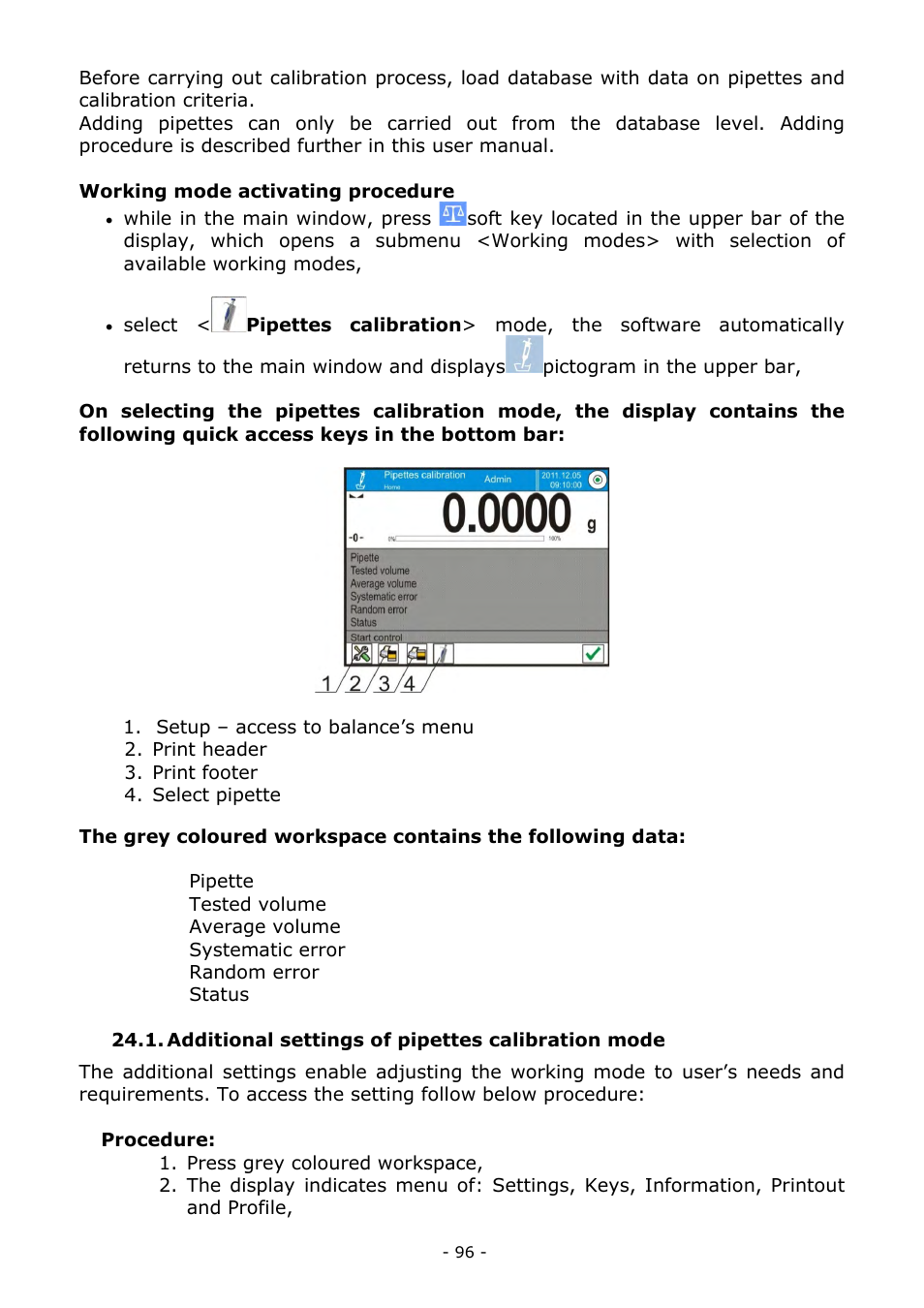 Additional settings of pipettes calibration mode | RADWAG MYA 5.3Y.F1 Microbalance User Manual | Page 96 / 198