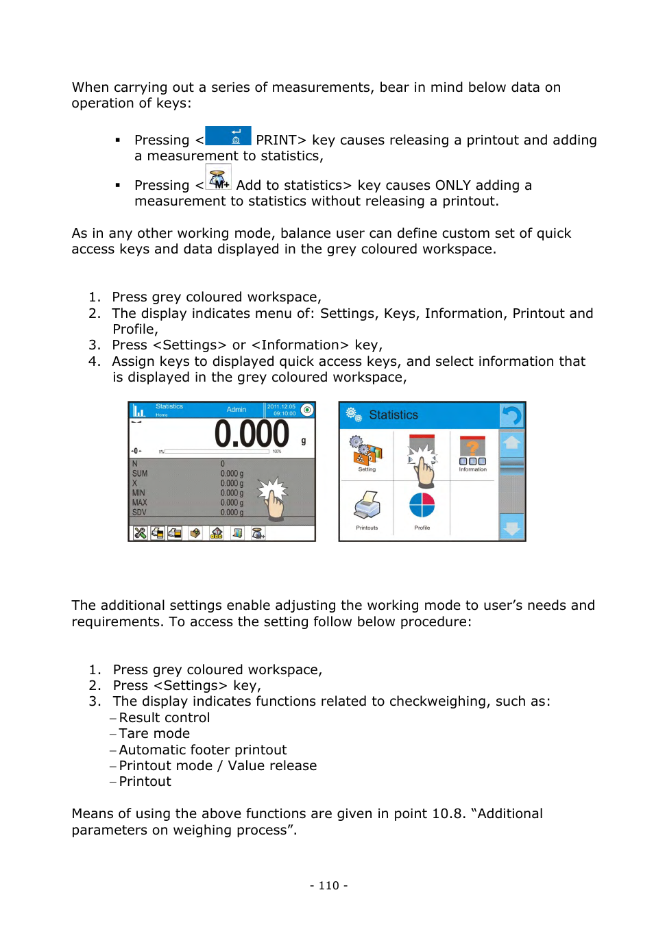 Setting of keys and workspace for statistics mode, Additional settings of statistics mode | RADWAG BALANCES 3Y SERIES User Manual | Page 110 / 246
