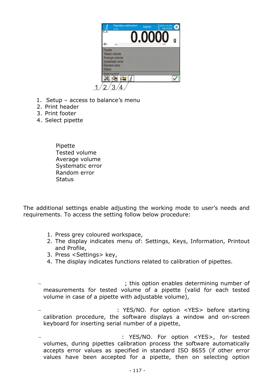 Additional settings of pipettes calibration mode | RADWAG BALANCES 3Y SERIES User Manual | Page 117 / 246