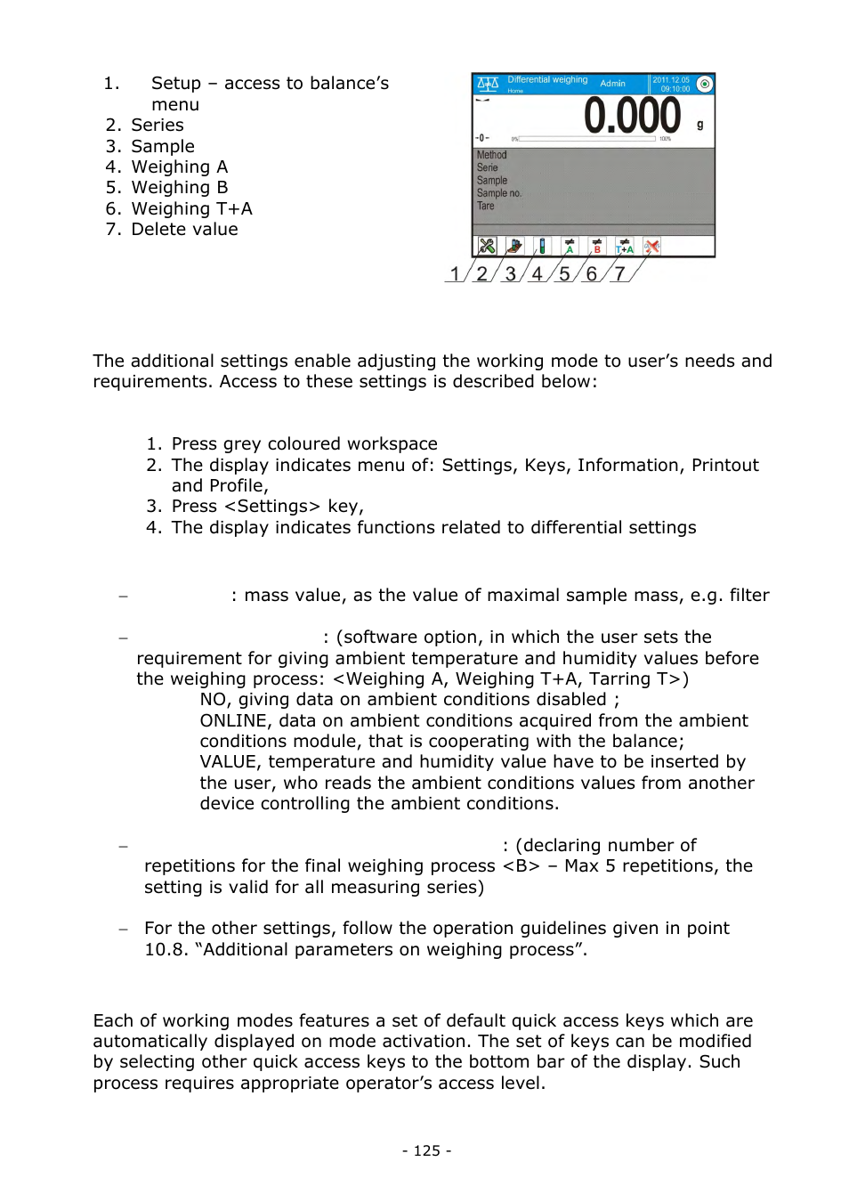 Additional settings of differential weighing mode, Differential weighing – quick access keys | RADWAG BALANCES 3Y SERIES User Manual | Page 125 / 246
