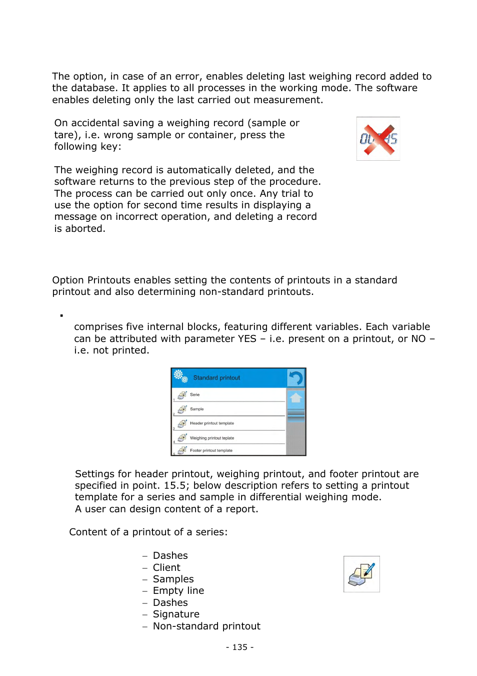 Deleting a value, Printouts, Deleting a value 25.8. printouts | RADWAG BALANCES 3Y SERIES User Manual | Page 135 / 246