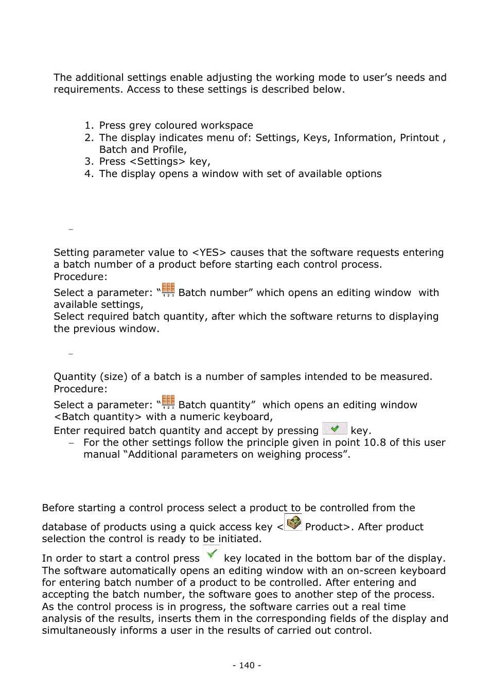 Additional settings of the sqc mode, Carrying out a control process | RADWAG BALANCES 3Y SERIES User Manual | Page 140 / 246