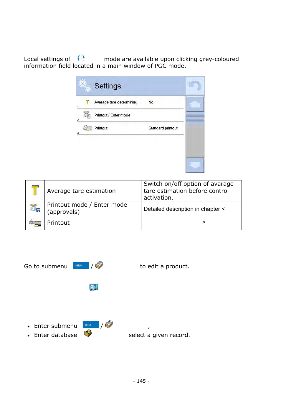 Local settings of pgc mode, Editing product for control | RADWAG BALANCES 3Y SERIES User Manual | Page 145 / 246