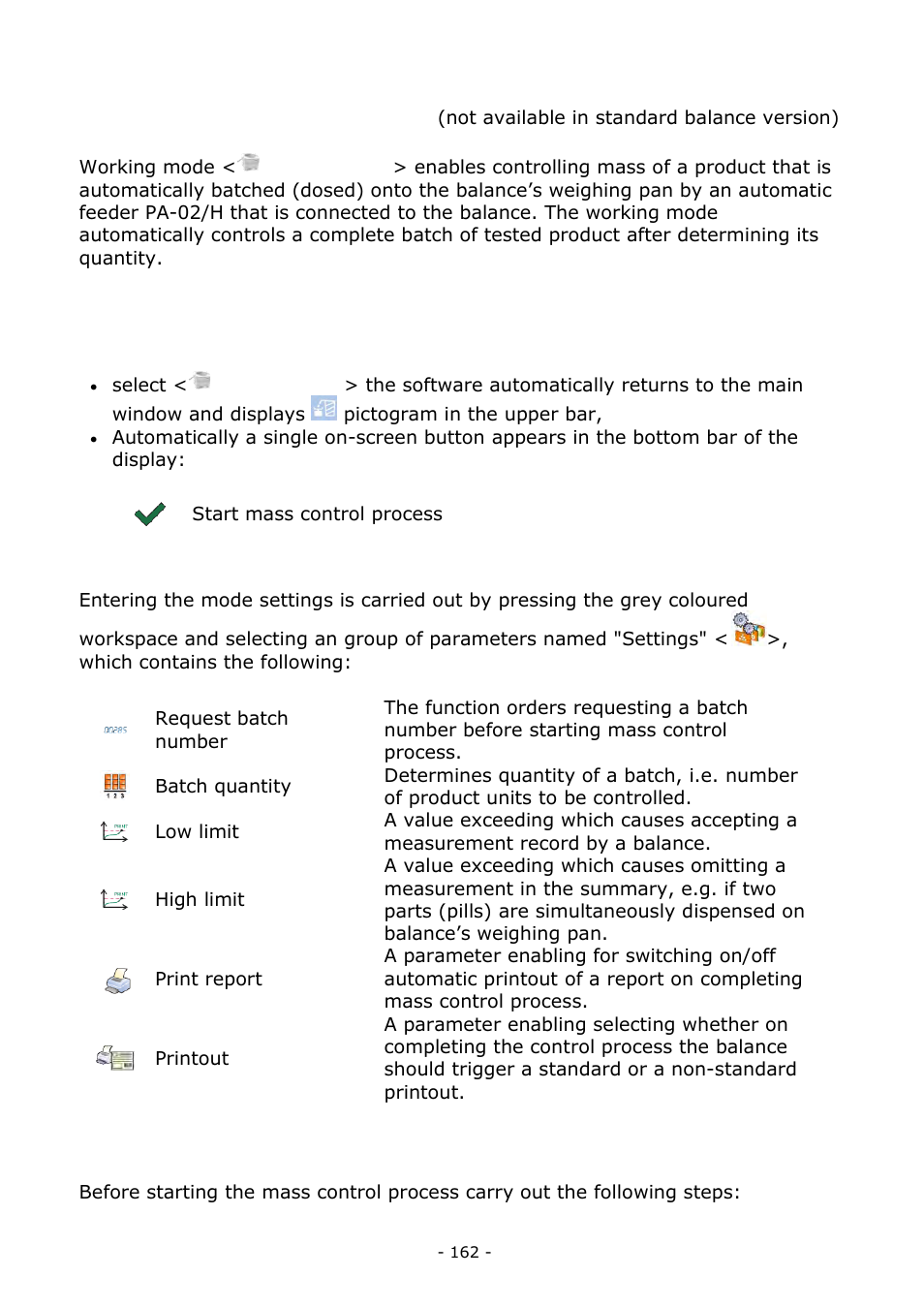 Mass control, Working mode activating procedure, Mass control global settings | Mass control process | RADWAG BALANCES 3Y SERIES User Manual | Page 162 / 246