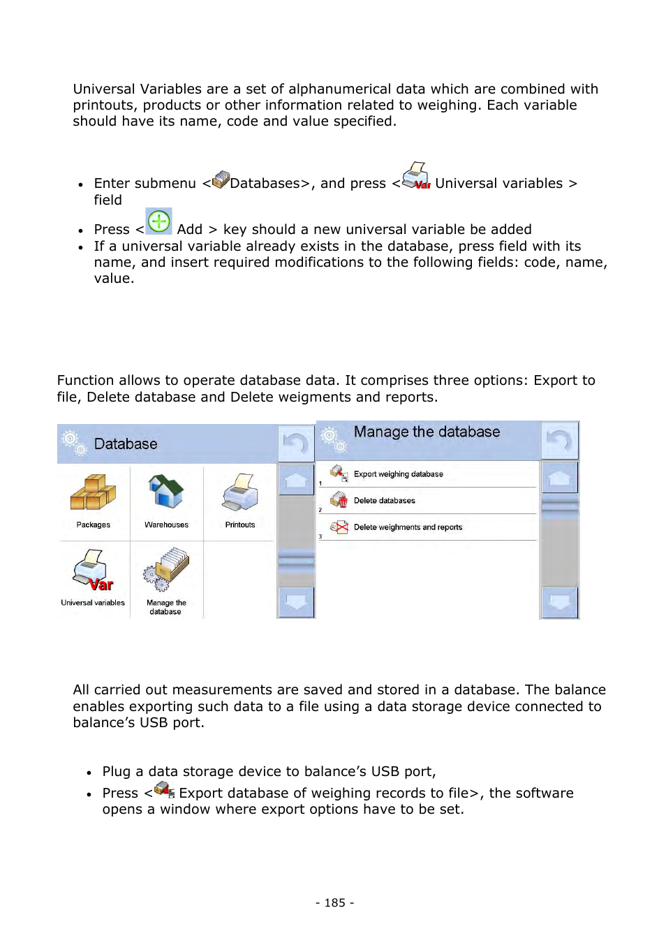 Universal variables, Operating database, Export database of weighing records to file | Universal variables 29.21. operating database | RADWAG BALANCES 3Y SERIES User Manual | Page 185 / 246