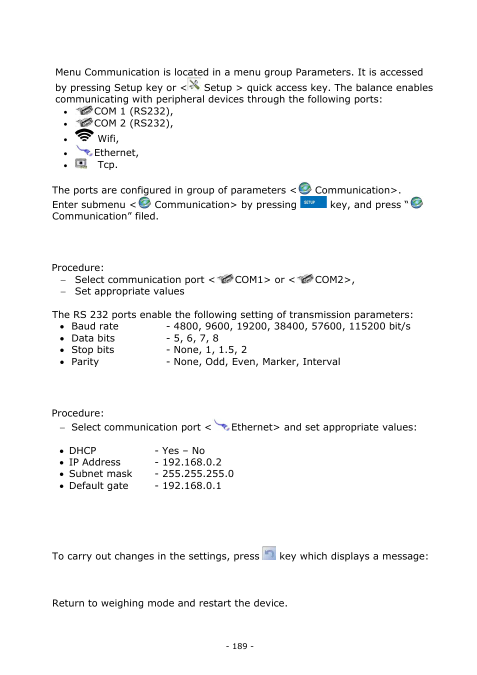 Communication, Rs 232 port settings, Ethernet port settings | Rs 232 port settings 30.2. ethernet port settings | RADWAG BALANCES 3Y SERIES User Manual | Page 189 / 246