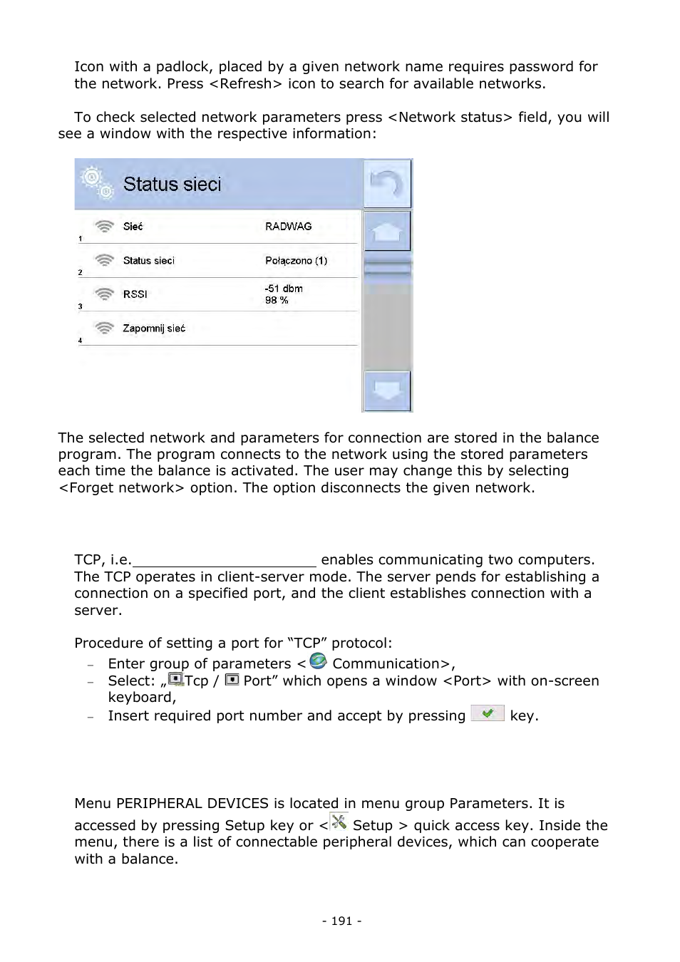 Tcp protocol settings, Peripheral devices | RADWAG BALANCES 3Y SERIES User Manual | Page 191 / 246