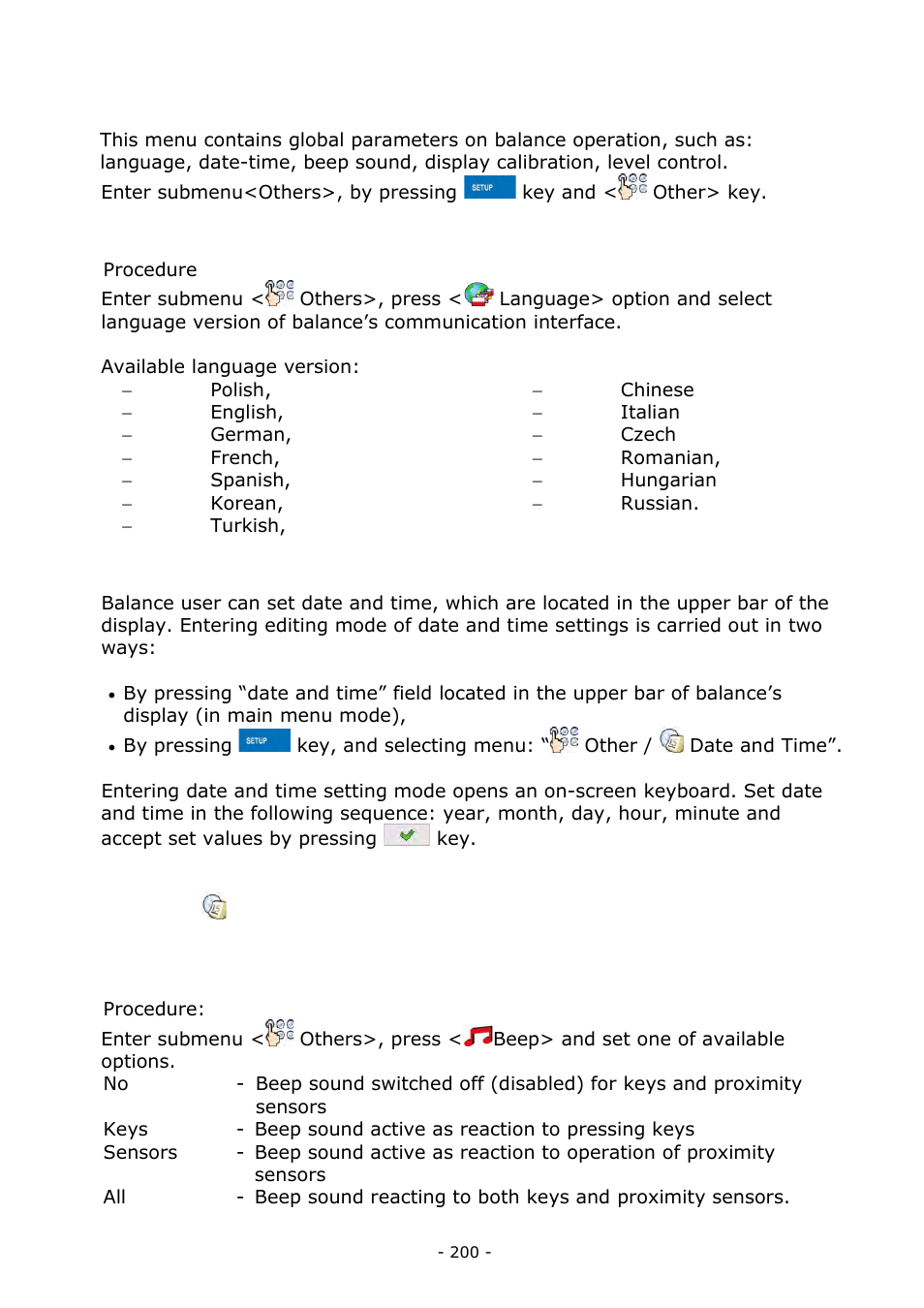 Other parameters, Interface language, Date and time setting | “beep” sound | RADWAG BALANCES 3Y SERIES User Manual | Page 200 / 246