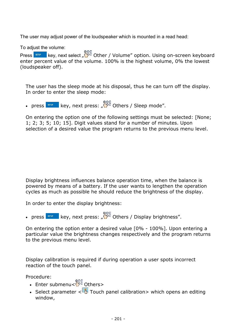 Volume, Sleep mode, Display brightness | Touch panel calibration | RADWAG BALANCES 3Y SERIES User Manual | Page 201 / 246