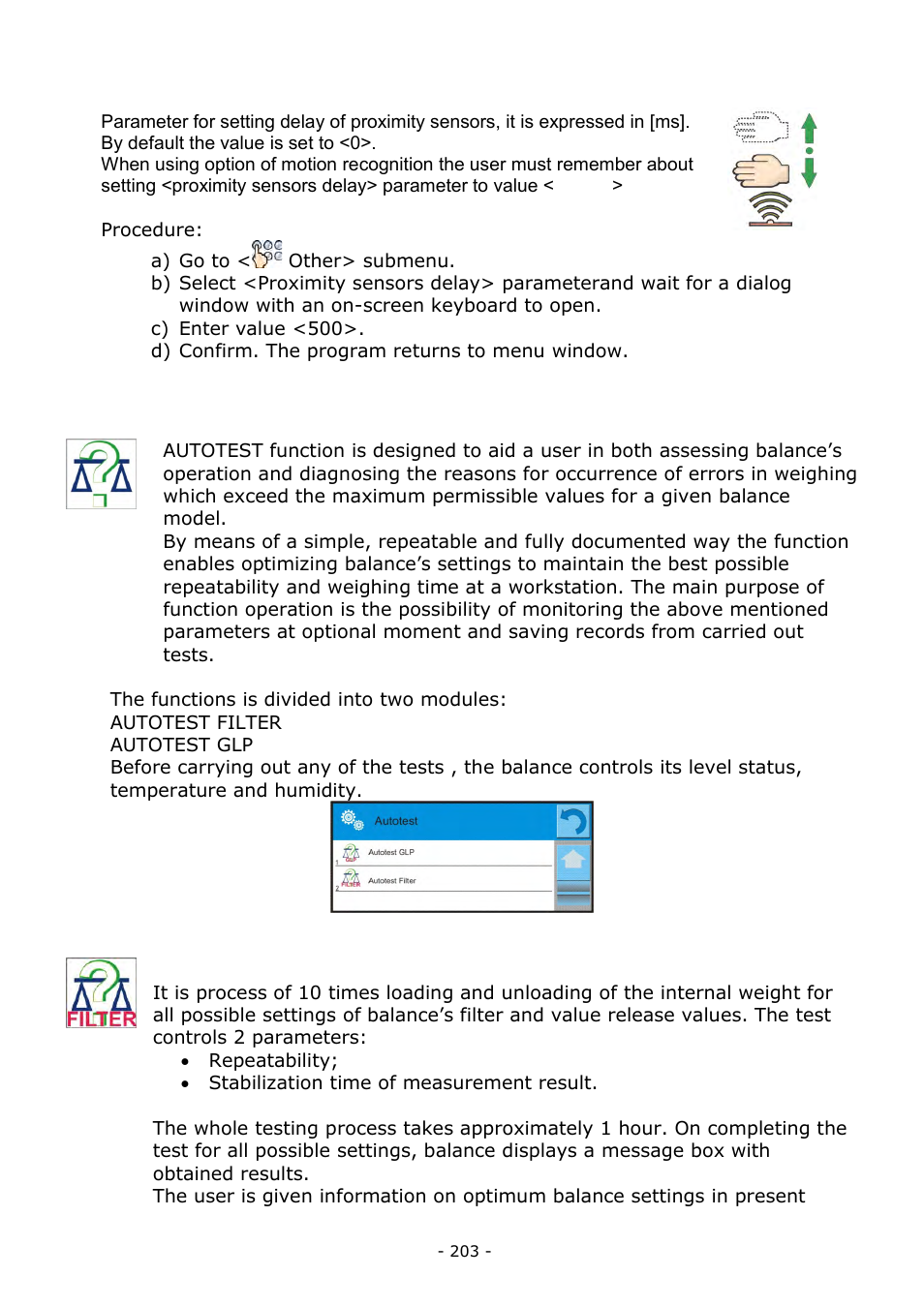 Proximity sensors delay, Autotest, Proximity sensors delay 33.11. autotest | RADWAG BALANCES 3Y SERIES User Manual | Page 203 / 246