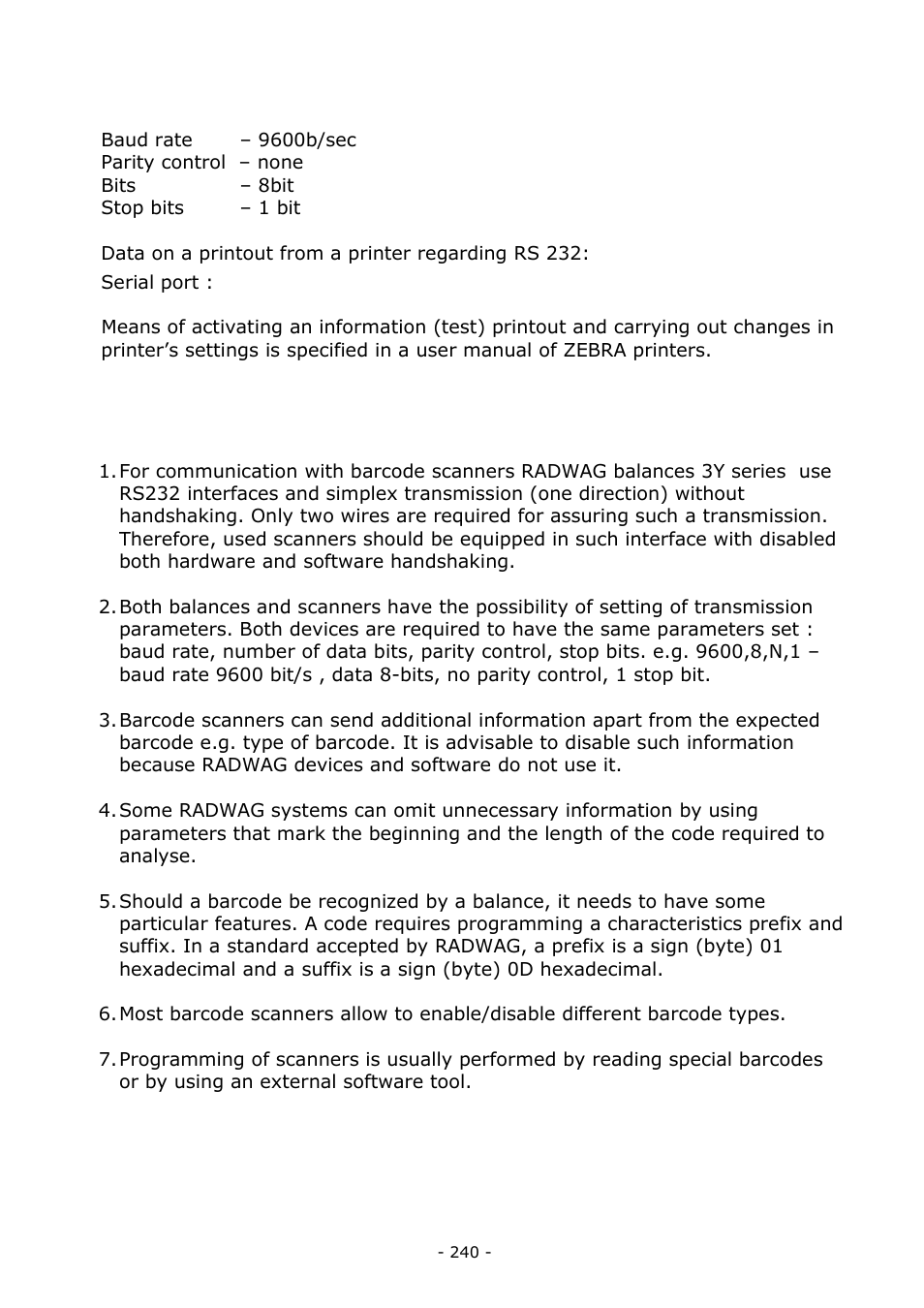 Appendinx e - settings of zebra printers, Appendix f – communication with barcode scanners | RADWAG BALANCES 3Y SERIES User Manual | Page 240 / 246