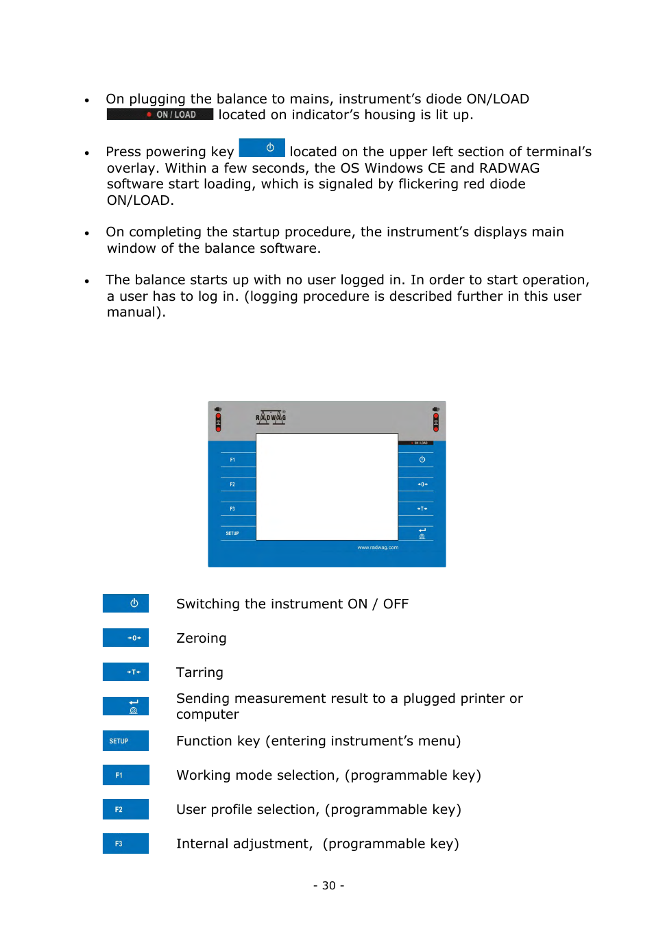 Startup, Balance keyboard – function keys | RADWAG BALANCES 3Y SERIES User Manual | Page 30 / 246