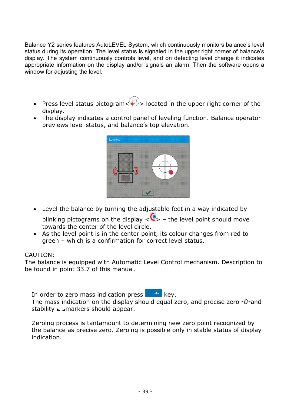 Balance leveling, Zeroing, Balance leveling 10.4. zeroing | RADWAG BALANCES 3Y SERIES User Manual | Page 39 / 246
